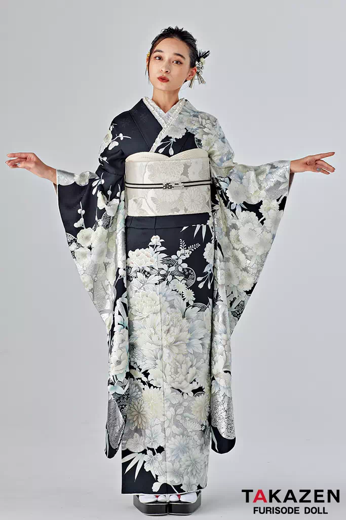 TAKAZENのレンタル振袖 正統派古典　黒/白/シルバー　牡丹柄　かっこいい　粋　大人っぽい【通販可】25071
