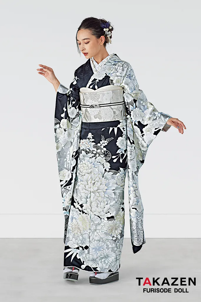 TAKAZENのレンタル振袖 正統派古典 黒/白/シルバー 牡丹柄 かっこいい 粋 大人っぽい【通販可】25071