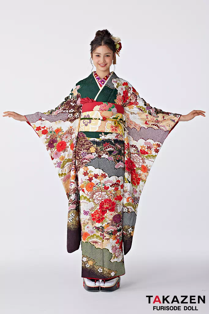 TAKAZENのレンタル振袖 正統派古典　緑/赤　鼓/牡丹柄　柄小さめ　低身長さんにおすすめ　清楚　唐絞り京友禅【通販可】25072
