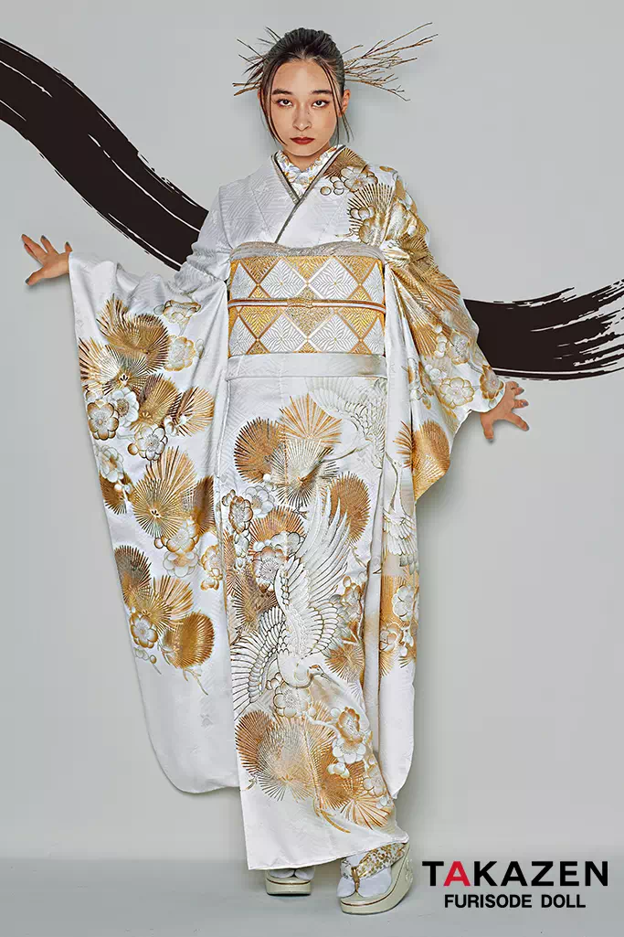 TAKAZENのレンタル振袖 粋古典 白/金/ゴールド 鶴柄/針松 シック かっこいい 大人っぽい 金彩京友禅【通販可】25073