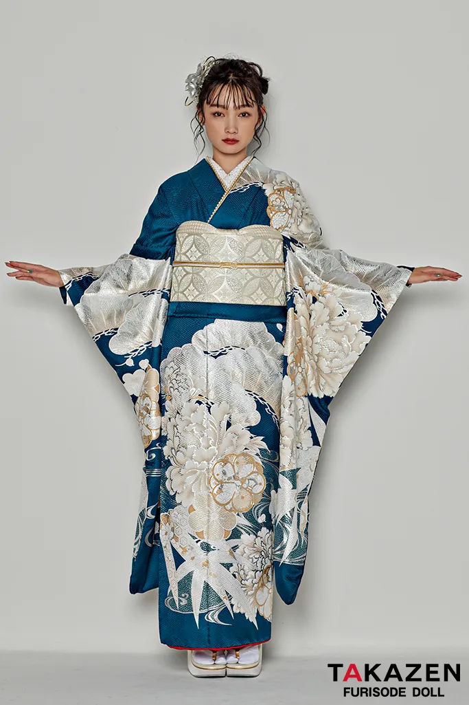 TAKAZENのレンタル振袖 粋古典　ターコイズブルー/青/白　吉祥文様/流水模様　クール　寒色系　シック【通販可】25074