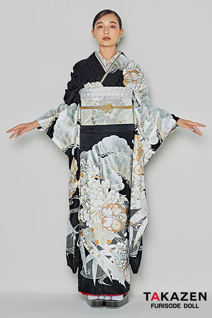 TAKAZENのレンタル振袖 粋古典 黒/黒ベース 吉祥文様 大人っぽい 渋い かっこいい シック【通販可】25075