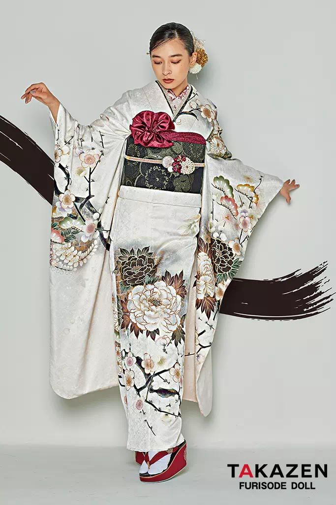 TAKAZENのレンタル振袖 粋古典 アイボリー/白ベース 和柄/牡丹柄 シック シンプル かっこいい【通販可】25078
