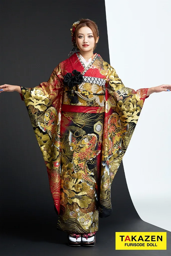 TAKAZENのレンタル振袖 ジャパンモード　赤/金/ゴールド　錦鯉　いかつい　渋い　派手　目立つ　キラキラスワロフスキー　ギャル振袖　極妻風　中村りおん【通販可】25081