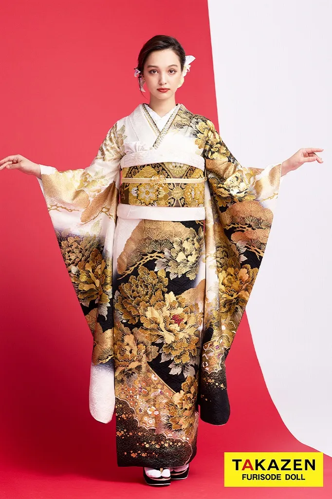 TAKAZENのレンタル振袖 ジャパンモード　白/黒/金(ゴールド)　牡丹柄　花魁風　渋い　レディース　派手振袖　いかつい　目立つ　大人っぽい　クール　キラキラ　香川るな【通販可】31115