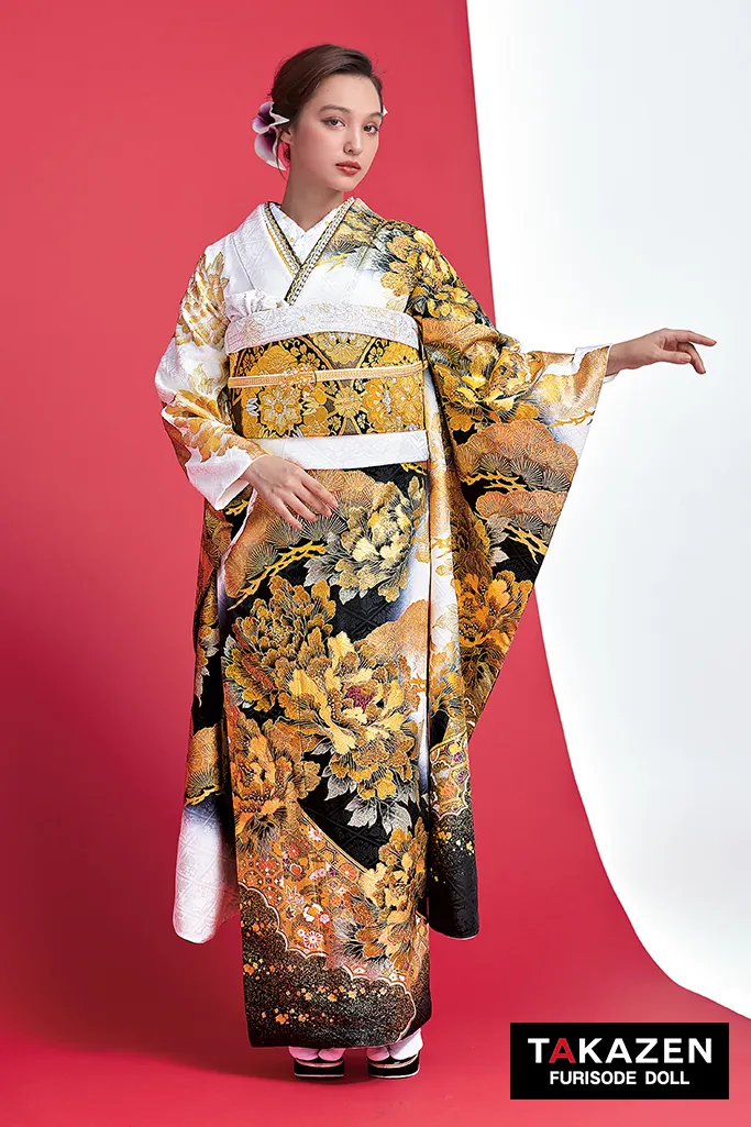 TAKAZENのレンタル振袖 ジャパンモード 白/黒/金(ゴールド) 牡丹柄 花魁風 渋い レディース 派手振袖 いかつい 目立つ 大人っぽい クール キラキラ 香川るな【通販可】31115