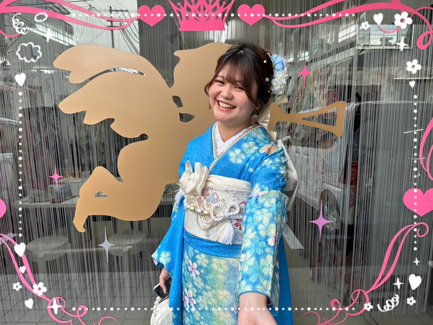 成人式　振袖　前撮り撮影会　かわいい　青　古典柄