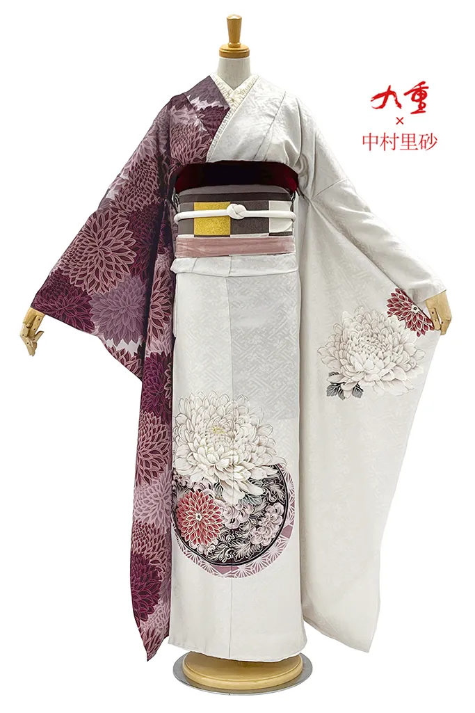 TAKAZENのレンタル振袖 九重×中村里砂　ピンク/アイボリー　大柄/牡丹柄　シンプル　ワンポイント　可愛い　片身代わり【通販可】K966