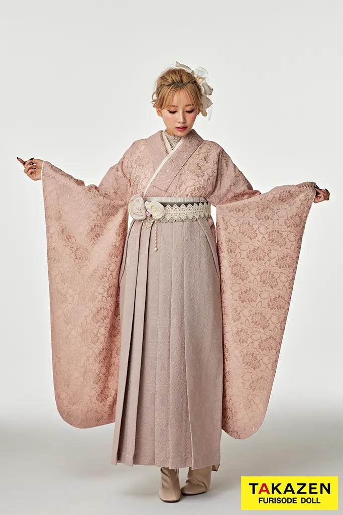 TAKAZENのレンタル袴 最新作くすみカラーガーリー　ピンク/淡い色　総レース　かわいい　フレンチガーリー　お洒落　ブーツコーデ　ぴょな【通販可】R25003