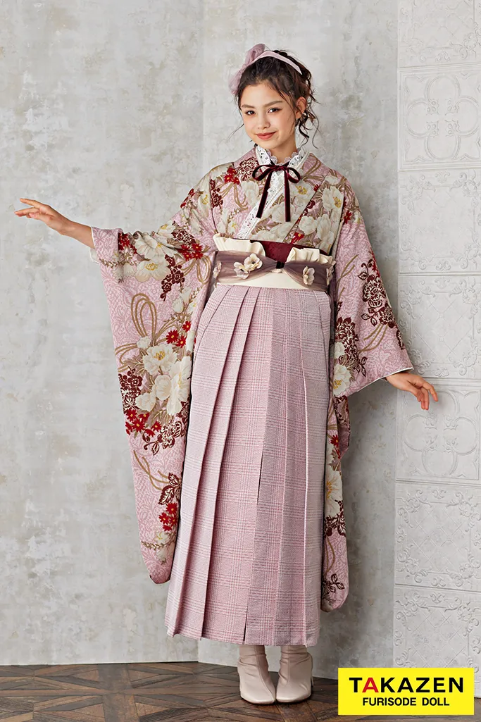 TAKAZENのレンタル袴 最新作くすみカラーレトロ　ピンク/ダスティーカラー　総レース　かわいい　ガーリー　アンティーク調　ブーツコーデ【通販可】R25004