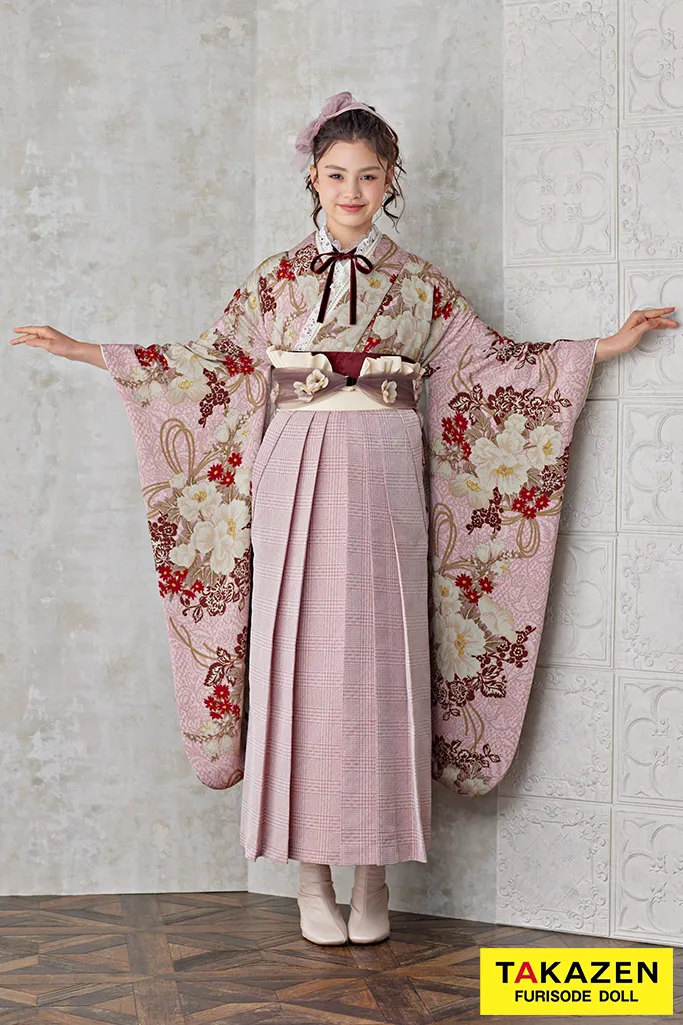 TAKAZENのレンタル袴 最新作くすみカラーレトロ　ピンク/ダスティーカラー　総レース　かわいい　ガーリー　アンティーク調　ブーツコーデ【通販可】R25004