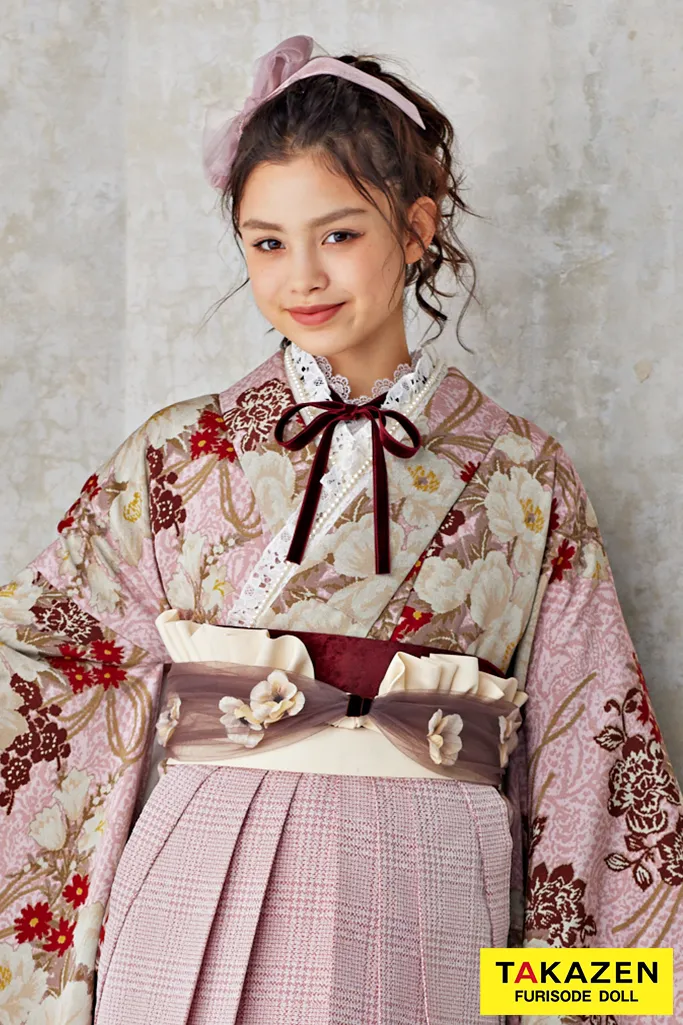 TAKAZENのレンタル袴 最新作くすみカラーレトロ　ピンク/ダスティーカラー　総レース　かわいい　ガーリー　アンティーク調　ブーツコーデ【通販可】R25004