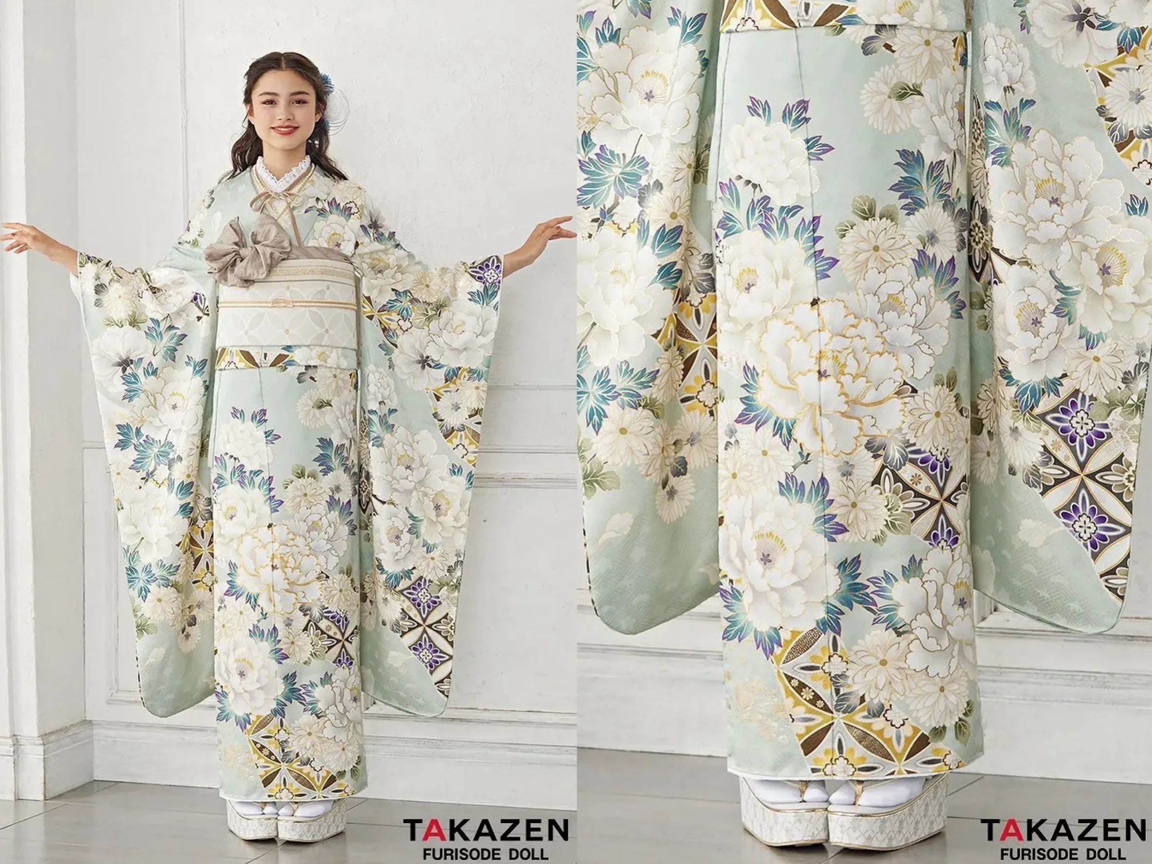 振袖 レンタル 奈良 安い かわいい くすみ古典 ミントグリーン 牡丹 ボタン 清楚 上品 白 青