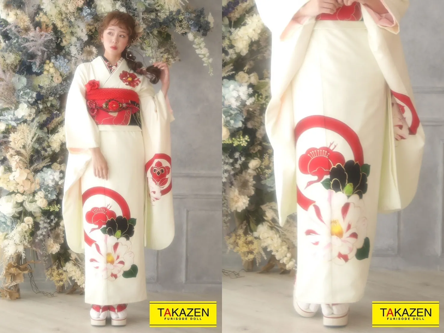 振袖安い レンタル 奈良 レトロ 白 赤 菊柄 大柄 ワンポイント 大正ロマン シンプル モダン振袖