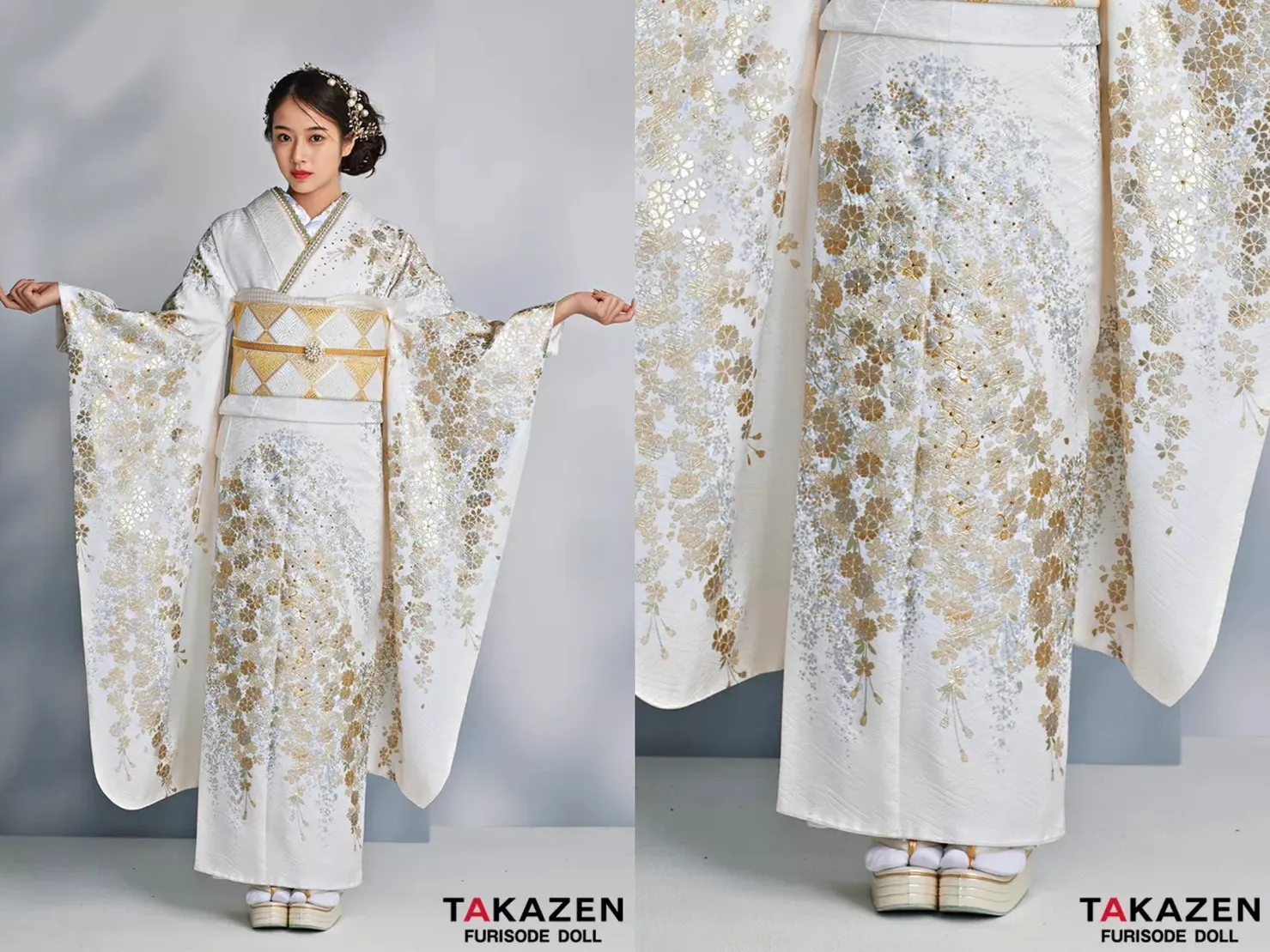振袖 レンタル 奈良 プレミアム古典 白 金 桜柄 キラキラ 上品 無彩色