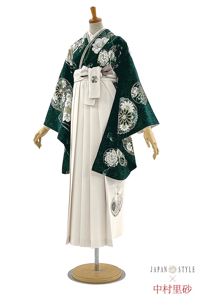 TAKAZENのレンタル袴 JAPANSTYLE×中村里砂ブランド袴　ヴィンテージスタイル　緑　桜　和柄　かっこいい【通販可】R25054