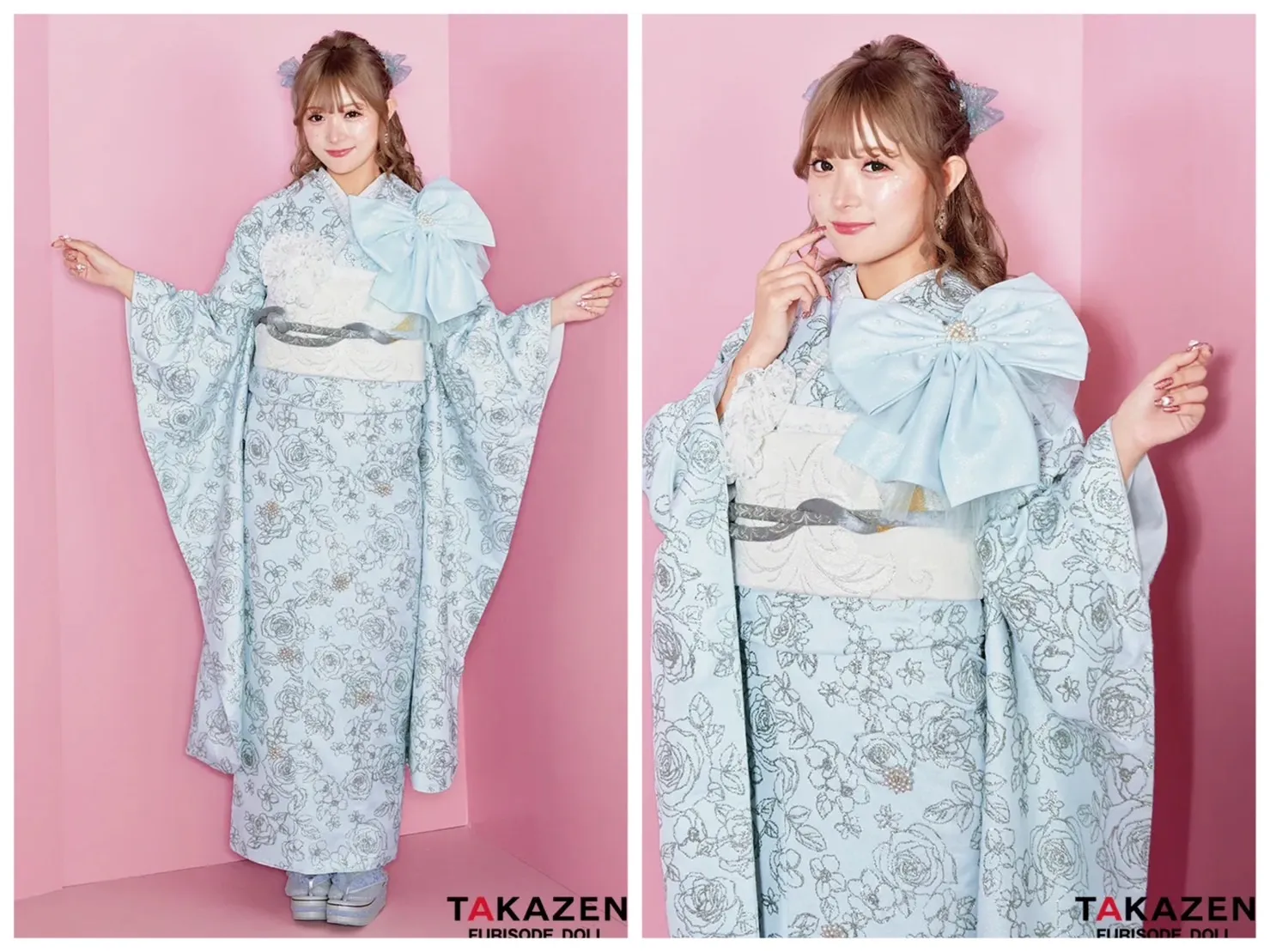 振袖レンタル 奈良 振袖安い 最新作ヘップバーンシュシュ 水色/キラキラ バラ柄 グリッター リボン付き 一番かわいい 派手 目立つ