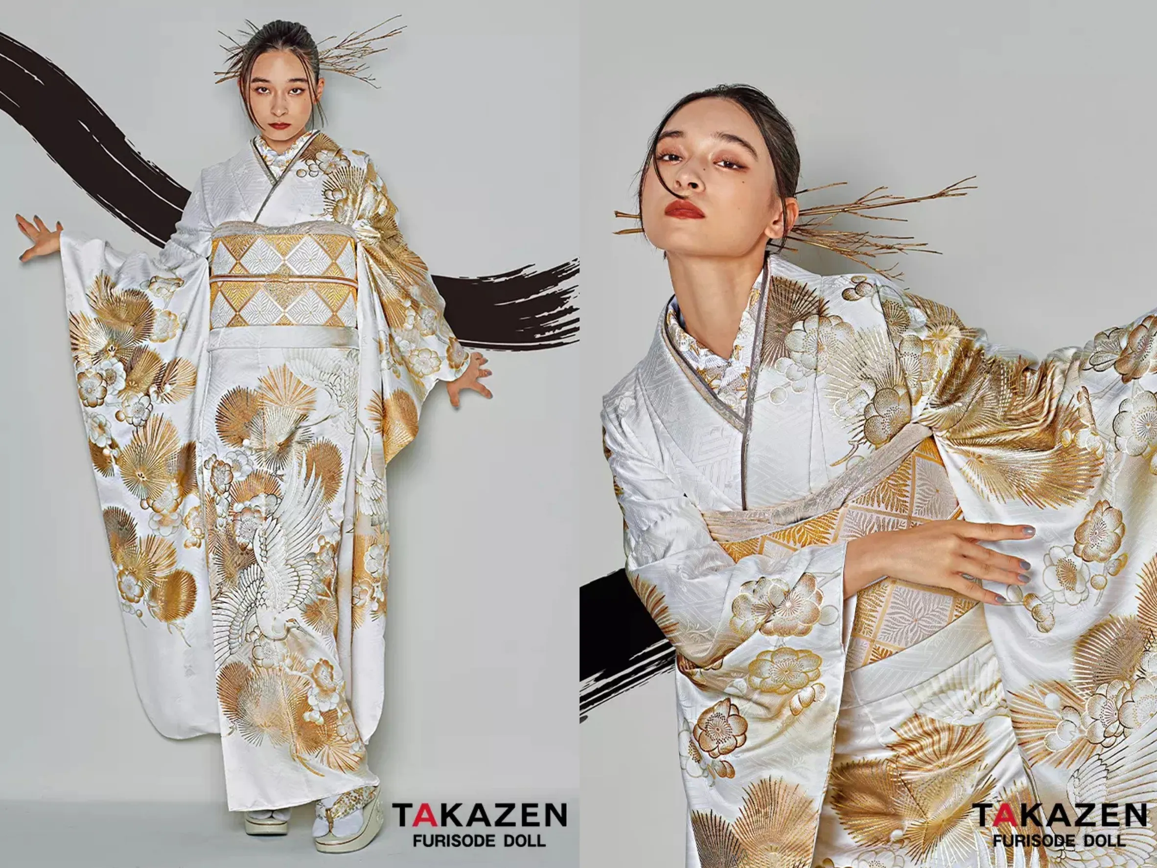 振袖 レンタル 奈良 振袖安い 最新作粋古典 白/金/ゴールド 鶴柄/針松 シック かっこいい 大人っぽい