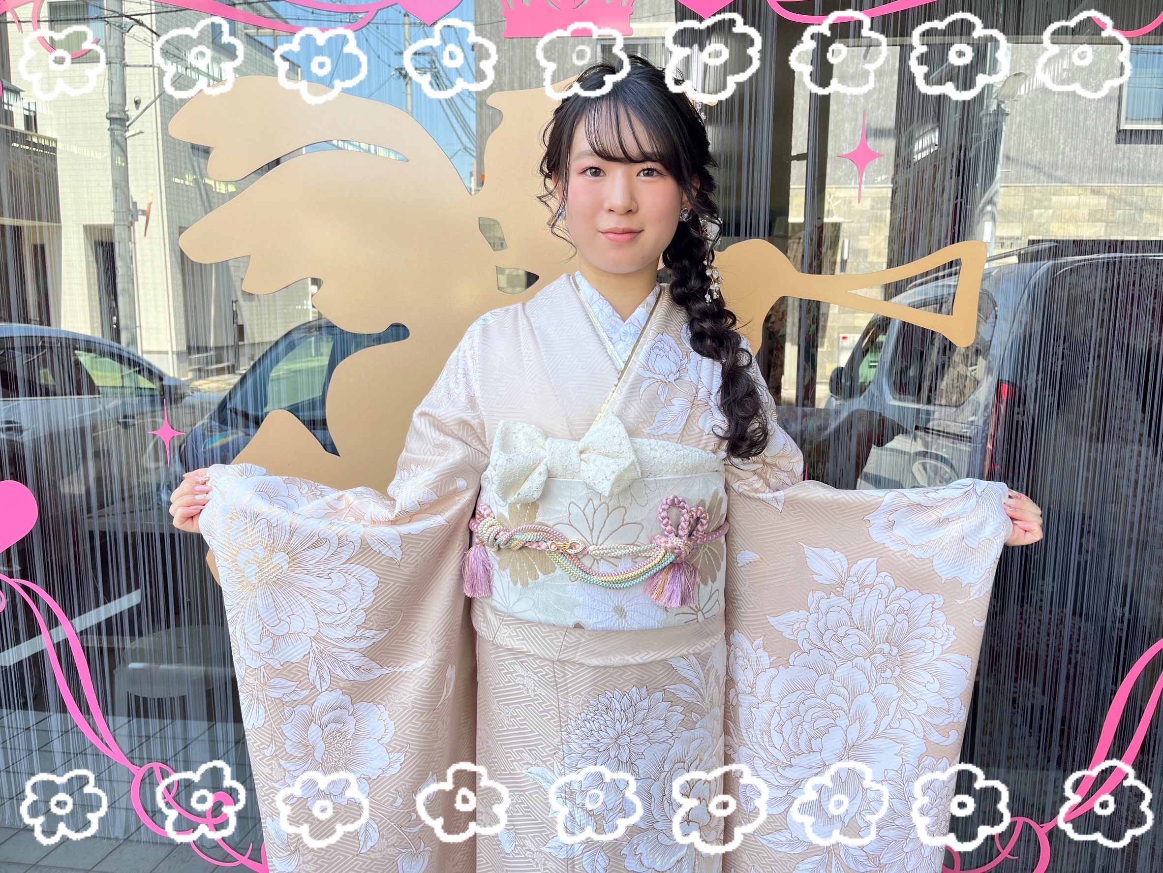 成人式 振袖 前撮り撮くすみカラーガーリー 薄ピンク 牡丹柄 あざとかわいい ゆめかわいい影会 奈良