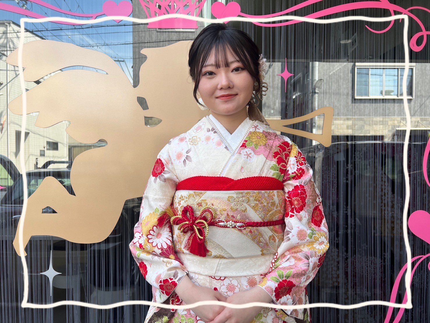 成人式 振袖 前撮り撮影会 奈良 正統派古典 白ピンク 牡丹柄 かわいい 金彩刺繍京友禅 女の子らしい 人気 伝統的