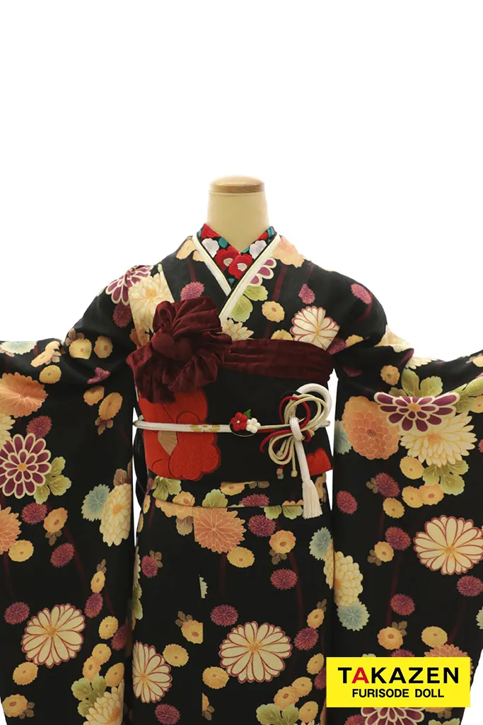 TAKAZENのレンタル振袖 激安レトロポップ　赤/黄緑　菊柄　アンティーク調　華やか　総柄　お得　安い【通販可】M24