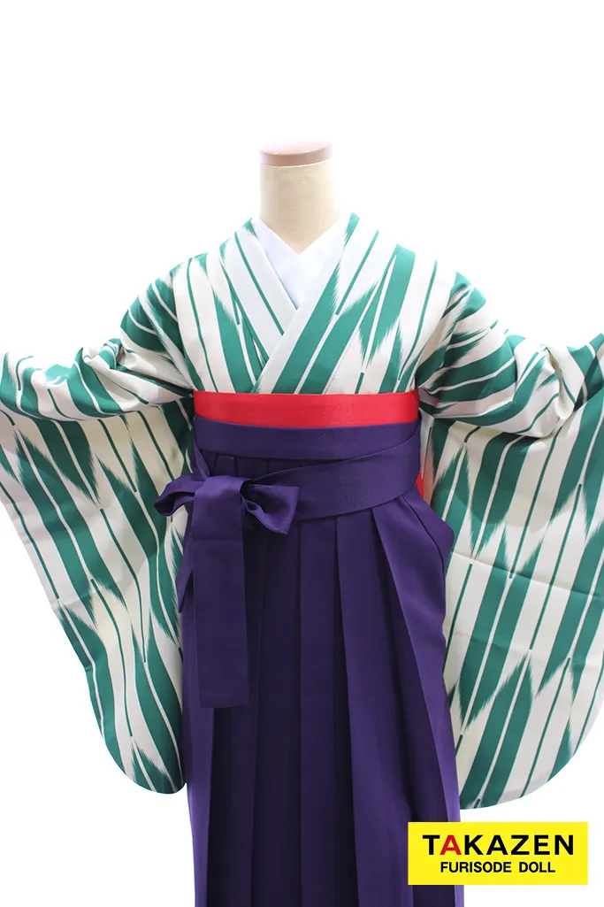 TAKAZENのレンタル袴 格安正統派古典袴　緑　矢絣柄　はいからさん　シンプル　大人っぽい　清楚【通販可】Y11
