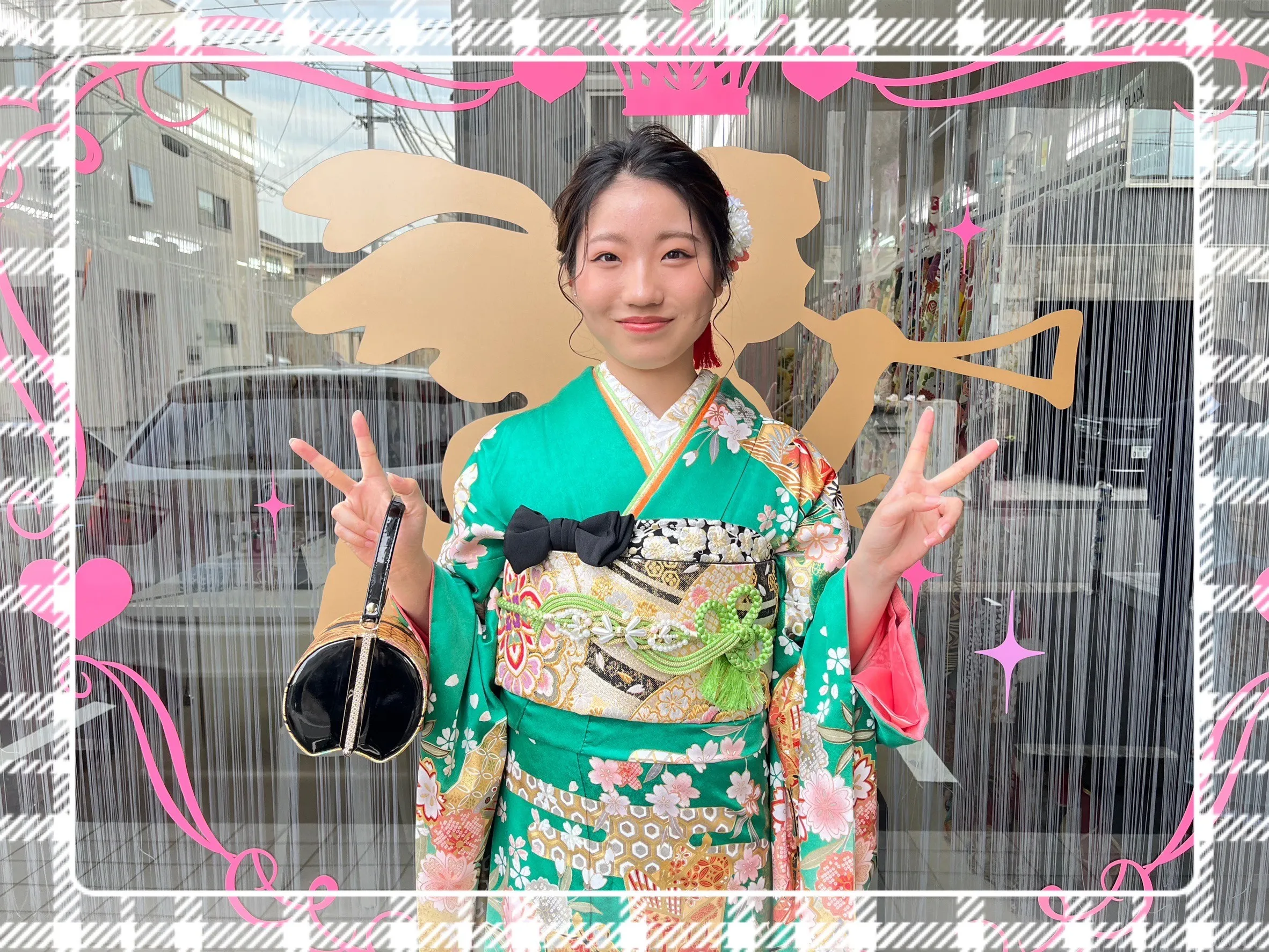 振袖 レンタル 奈良 振袖安い 可愛い 華やか 緑 桜 ママ振り