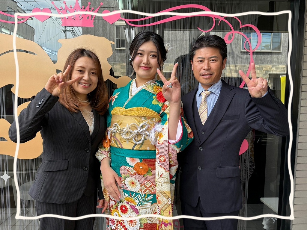 成人式 奈良 前撮り 正統派古典 エメラルドグリーン オレンジ 可愛い 華やか ゴールド