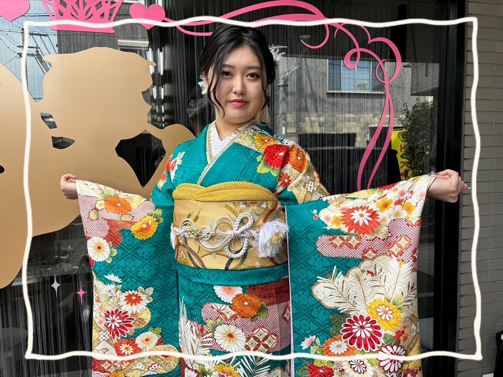 成人式 奈良 前撮り 正統派古典 エメラルドグリーン オレンジ 可愛い 華やか ゴールド
