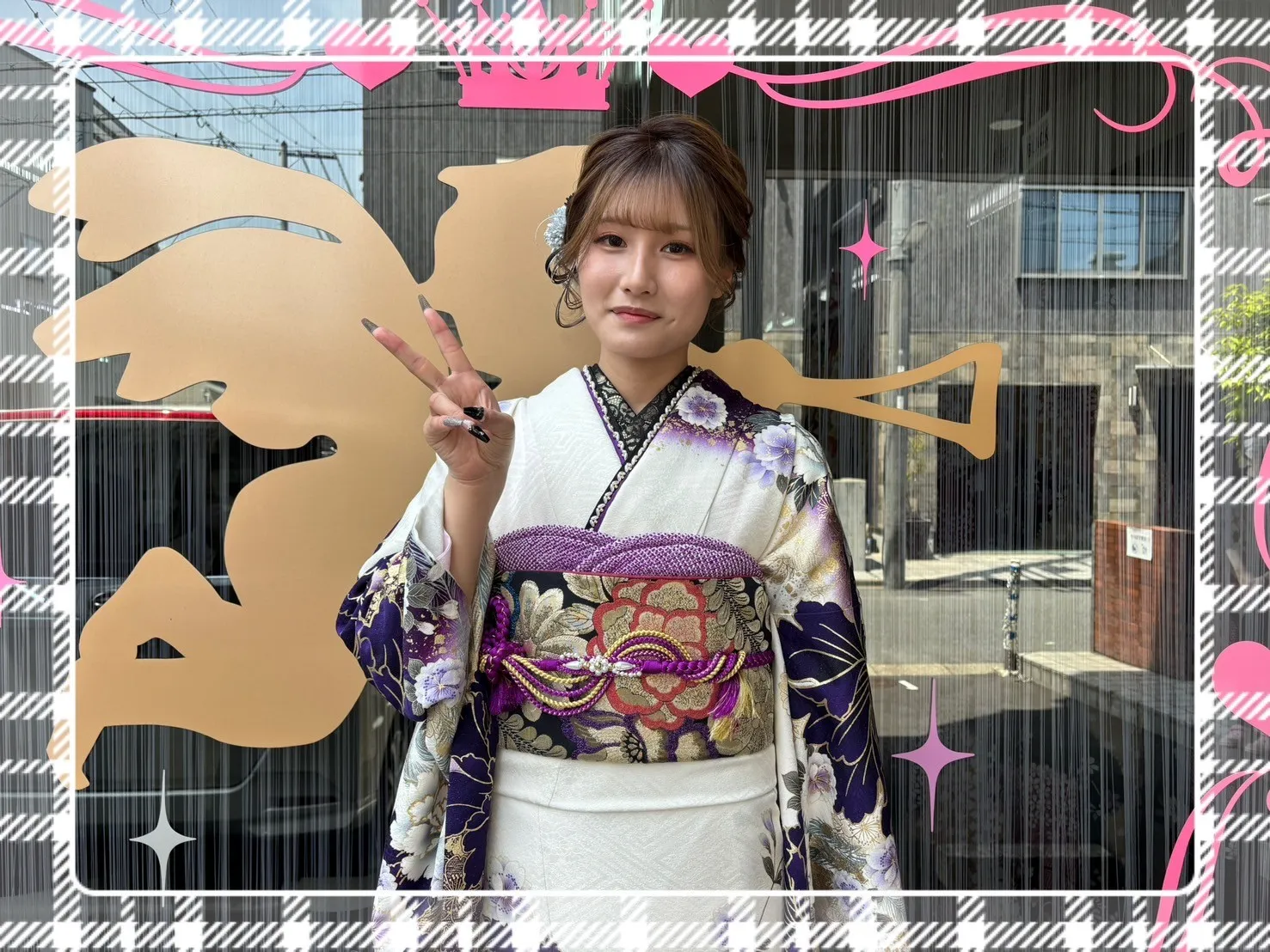 振袖 レンタル 奈良 前撮り クール系 白/紫/ゴールド(金色) ボタン柄/和柄 大人気 モード 派手 かっこいい ギャル