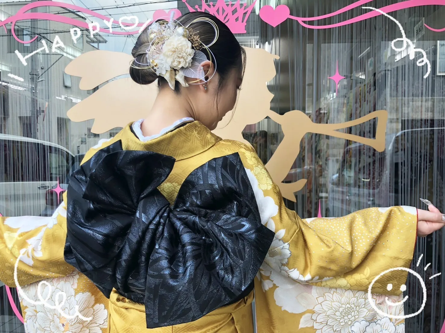 振袖 レンタル 奈良 前撮り 正統派古典 マスタード/からし ボタン柄/藤の花柄 ヴィンテージスタイル 假屋崎省吾ブランド 大人っぽい
