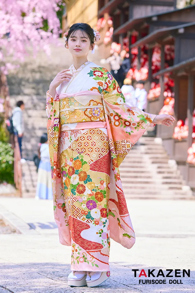 TAKAZENのレンタル振袖 プレミアム古典　吉澤織物/最高級染繍桶絞り友禅　ピンク　清楚　高級振袖　南琴奈【通販可】LB31