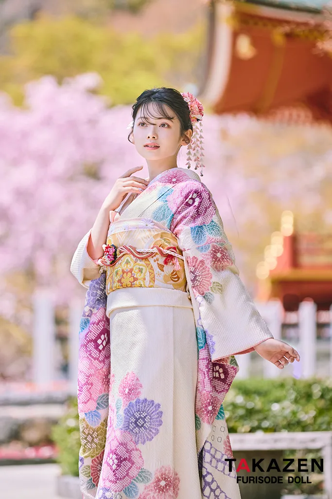 TAKAZENのレンタル振袖 最上級“藤娘きぬたや”　白/ピンク　藤の花　総絞り　高級振袖　百貨店価格振袖表地単品100万円　南琴奈【通販可】LB32