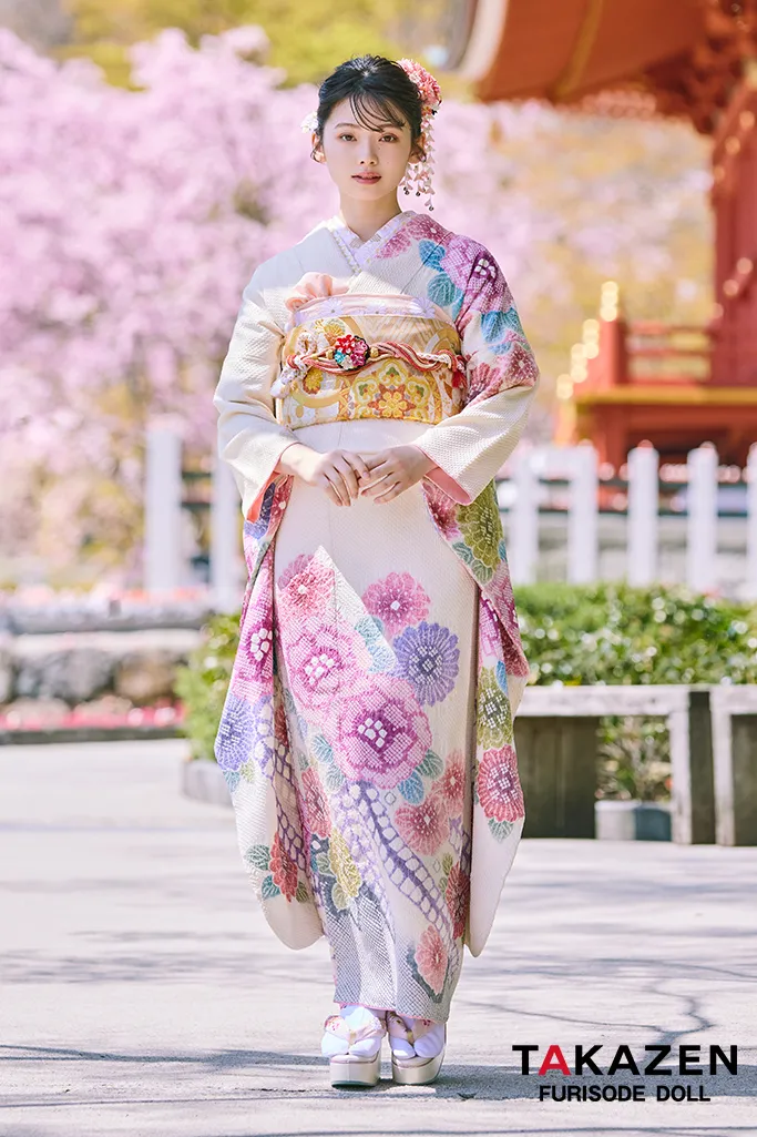 TAKAZENのレンタル振袖 最上級“藤娘きぬたや”　白/ピンク　藤の花　総絞り　高級振袖　百貨店価格振袖表地単品100万円　南琴奈【通販可】LB32