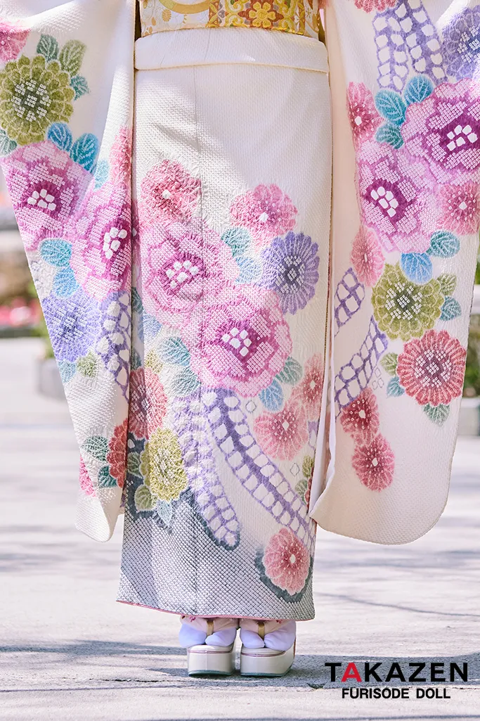TAKAZENのレンタル振袖 最上級“藤娘きぬたや”　白/ピンク　藤の花　総絞り　高級振袖　百貨店価格振袖表地単品100万円　南琴奈【通販可】LB32