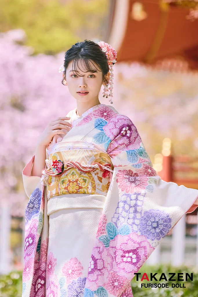 TAKAZENのレンタル振袖 最上級“藤娘きぬたや”　白/ピンク　藤の花　総絞り　高級振袖　百貨店価格振袖表地単品100万円　南琴奈【通販可】LB32