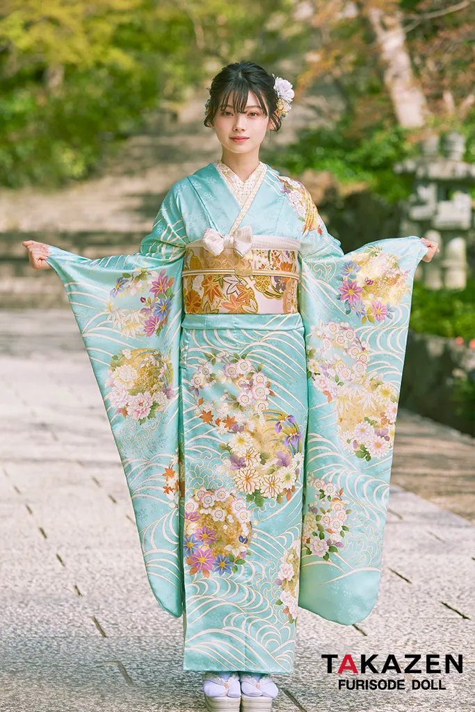 TAKAZENのレンタル振袖 プレミアム古典　水色　最高級手描友禅/吉澤織物　上品　清楚　綺麗　上質　南琴奈【通販可】LB33