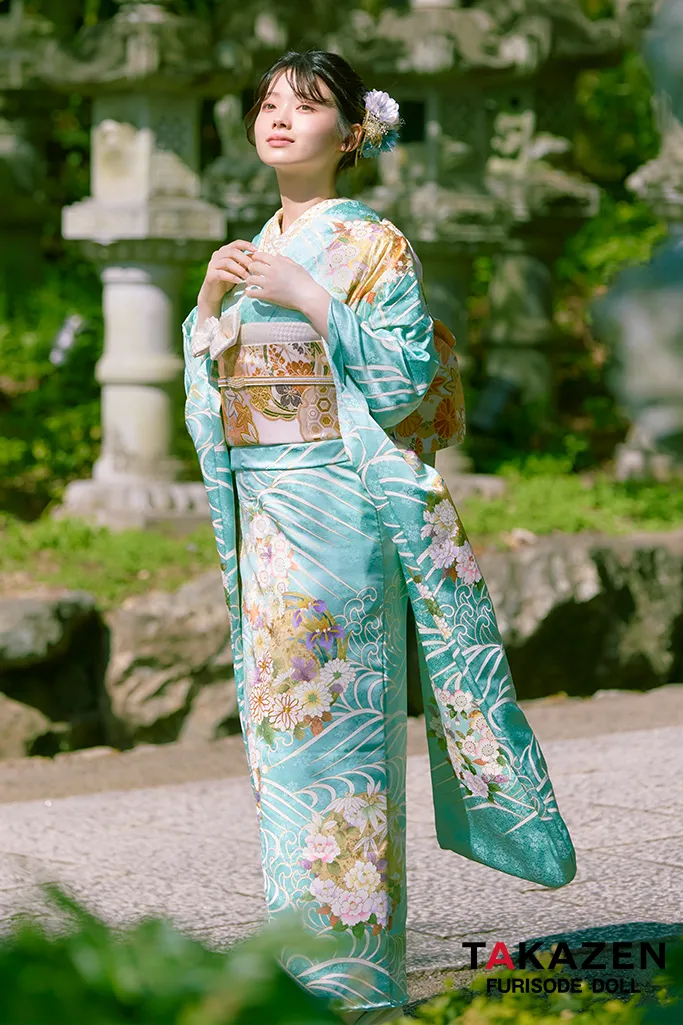 TAKAZENのレンタル振袖 プレミアム古典　水色　最高級手描友禅/吉澤織物　上品　清楚　綺麗　上質　南琴奈【通販可】LB33