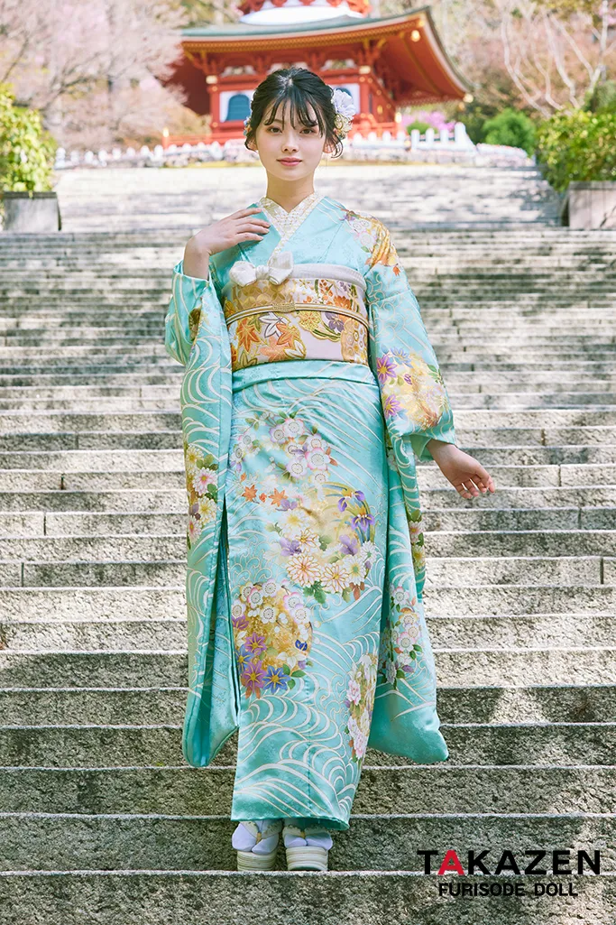 TAKAZENのレンタル振袖 プレミアム古典　水色　最高級手描友禅/吉澤織物　上品　清楚　綺麗　上質　南琴奈【通販可】LB33