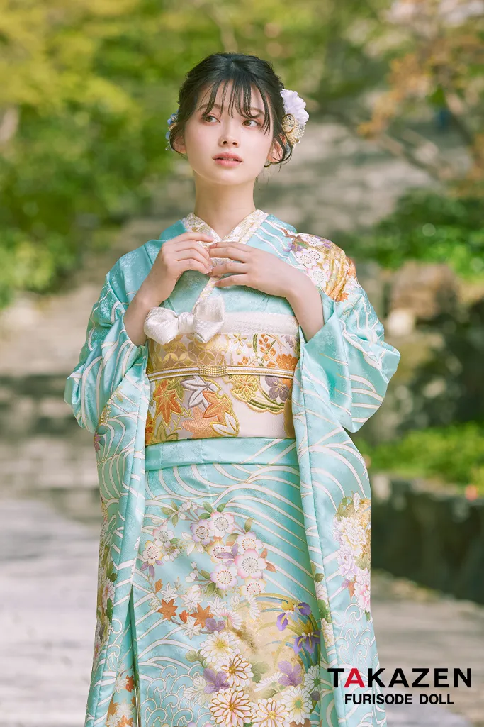 TAKAZENのレンタル振袖 プレミアム古典　水色　最高級手描友禅/吉澤織物　上品　清楚　綺麗　上質　南琴奈【通販可】LB33