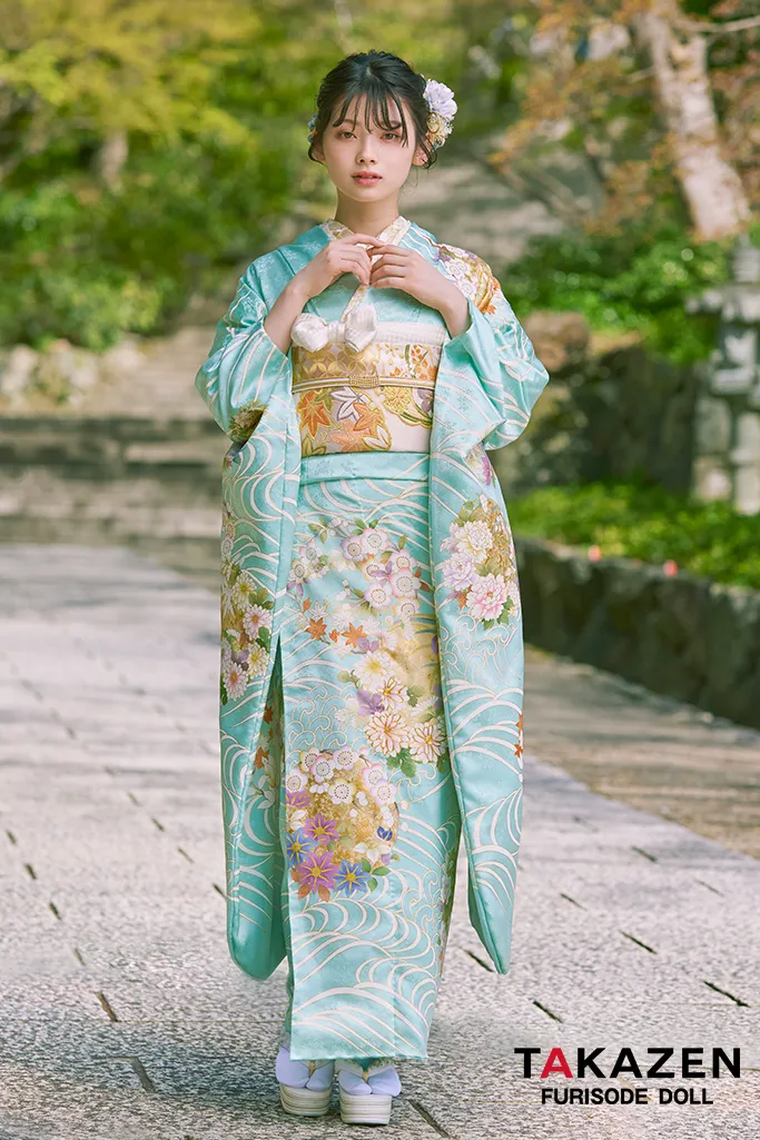 TAKAZENのレンタル振袖 プレミアム古典　水色　最高級手描友禅/吉澤織物　上品　清楚　綺麗　上質　南琴奈【通販可】LB33