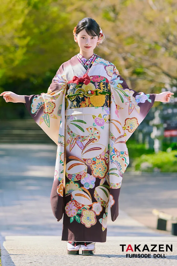 TAKAZENのレンタル振袖 プレミアム古典 白/ブラウン(茶色) 吉澤織物 こっぽりウサギ はんなり かわいい 最高級振袖 南琴奈【通販可】LB34