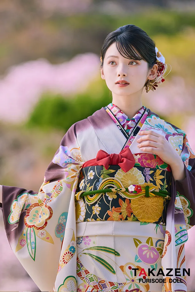 TAKAZENのレンタル振袖 プレミアム古典 白/ブラウン(茶色) 吉澤織物 こっぽりウサギ はんなり かわいい 最高級振袖 南琴奈【通販可】LB34