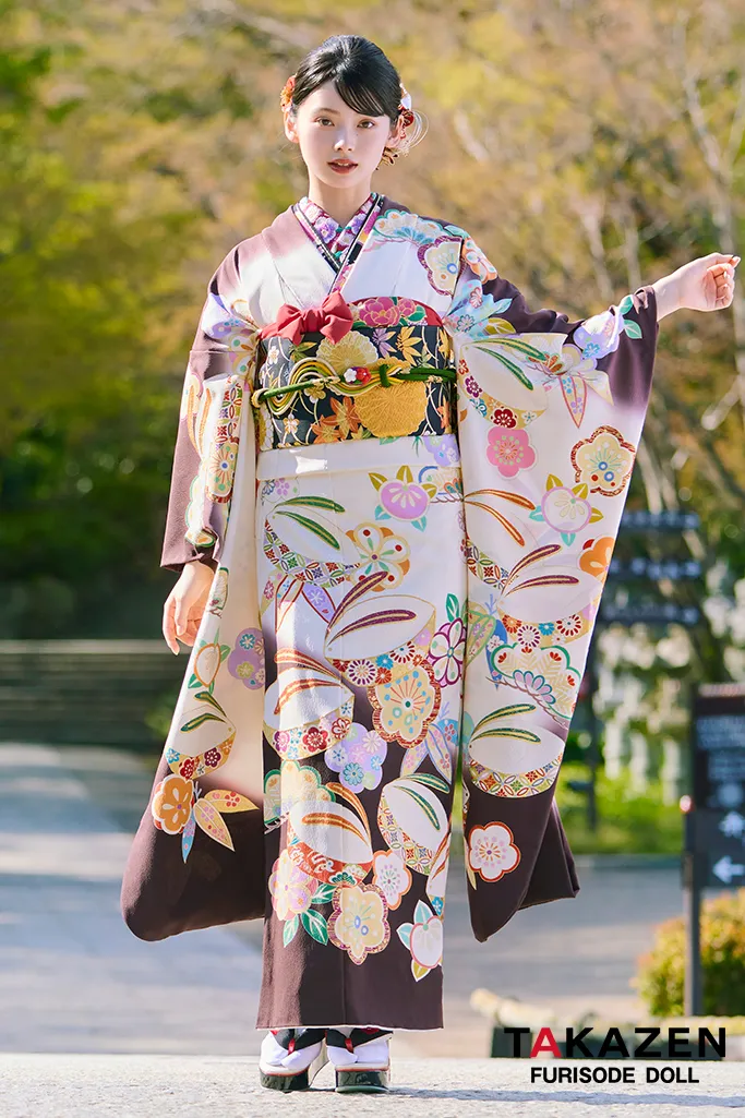 TAKAZENのレンタル振袖 プレミアム古典 白/ブラウン(茶色) 吉澤織物 こっぽりウサギ はんなり かわいい 最高級振袖 南琴奈【通販可】LB34