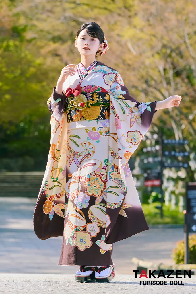 TAKAZENのレンタル振袖 プレミアム古典 白/ブラウン(茶色) 吉澤織物 こっぽりウサギ はんなり かわいい 最高級振袖 南琴奈【通販可】LB34