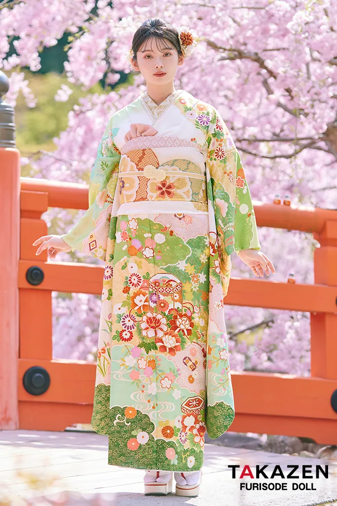 TAKAZENのレンタル振袖 最高級プレミアム古典柄振袖　吉澤織物/最高級染繍桶絞り友禅　黄緑/緑　貝桶柄　はんなり　かわいらしい　高級振袖　南琴奈【通販可】LB35