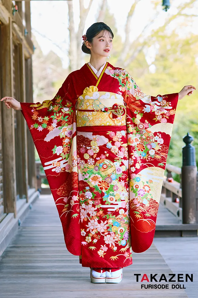 TAKAZENのレンタル振袖 プレミアム古典　赤　吉澤織物/最高級金彩手描友禅　柄小さめ　高級振袖　清楚　南琴奈【通販可】LB36