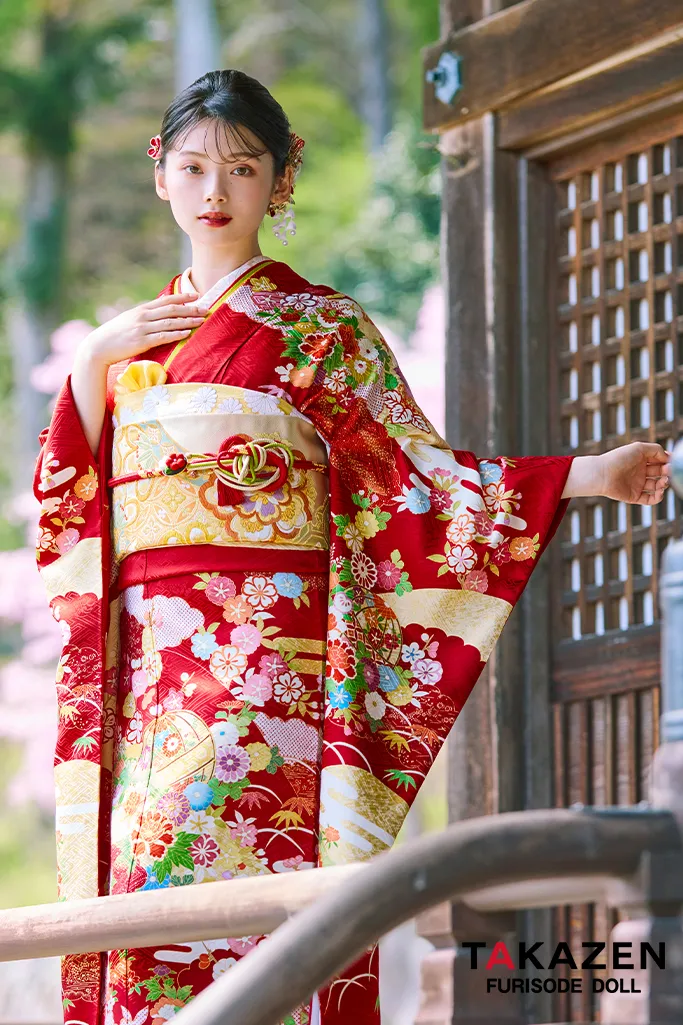 TAKAZENのレンタル振袖 プレミアム古典　赤　吉澤織物/最高級金彩手描友禅　柄小さめ　高級振袖　清楚　南琴奈【通販可】LB36