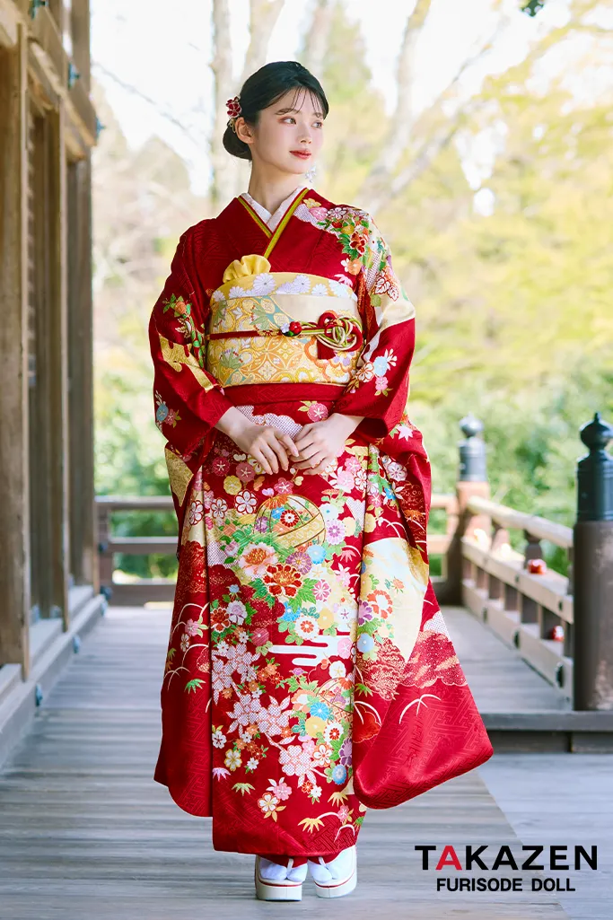 TAKAZENのレンタル振袖 プレミアム古典　赤　吉澤織物/最高級金彩手描友禅　柄小さめ　高級振袖　清楚　南琴奈【通販可】LB36