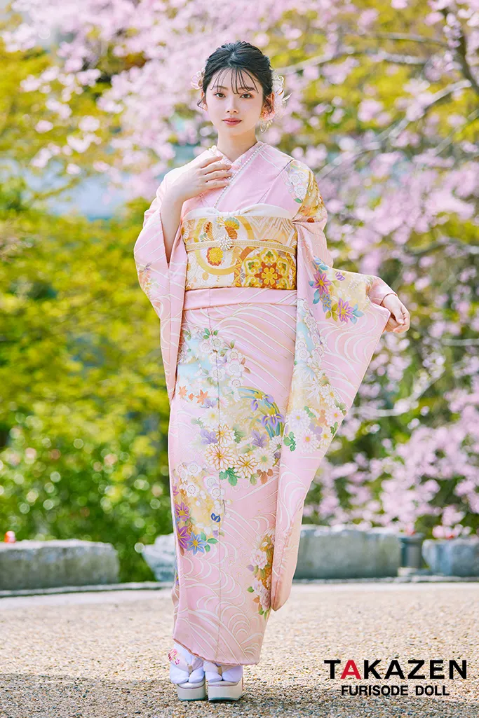 TAKAZENのレンタル振袖 プレミアム古典　ピンク/淡い色　吉澤織物/最高級手描友禅　吉祥文様/流水模様　高級振袖　はんなり　着物　南琴奈【通販可】LB37